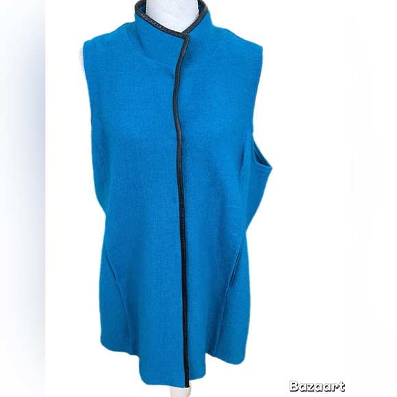 Chico’s 100% Wool Long Vest Teal Size 2 US 12 Large Black Trim - Picture 1 of 5